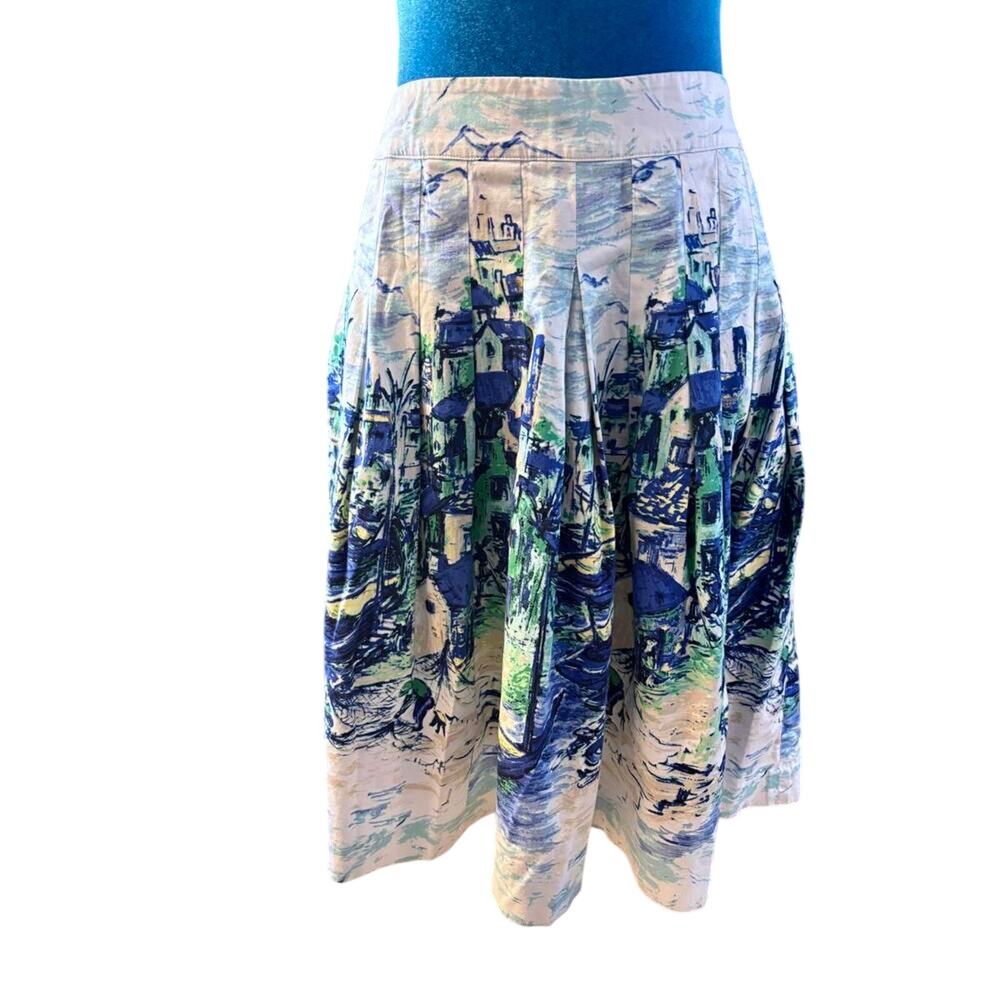 Talbots Pleated Cotton Art To Wear Impressionist Landscape Print Skirt Retro